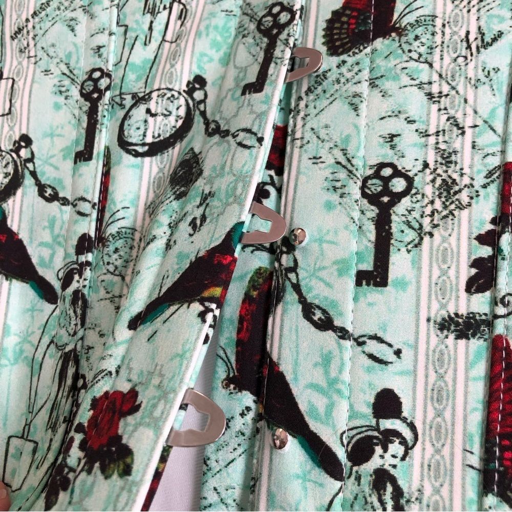 Corset Story Top UK 18 US 14 Novelty Rockabilly Turquoise Ruffle Bird Butterfly - Picture 5 of 15